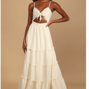 LULUS Tier It Up Cream Knotted Front Tiered Ruffled Maxi Dress Size Medium